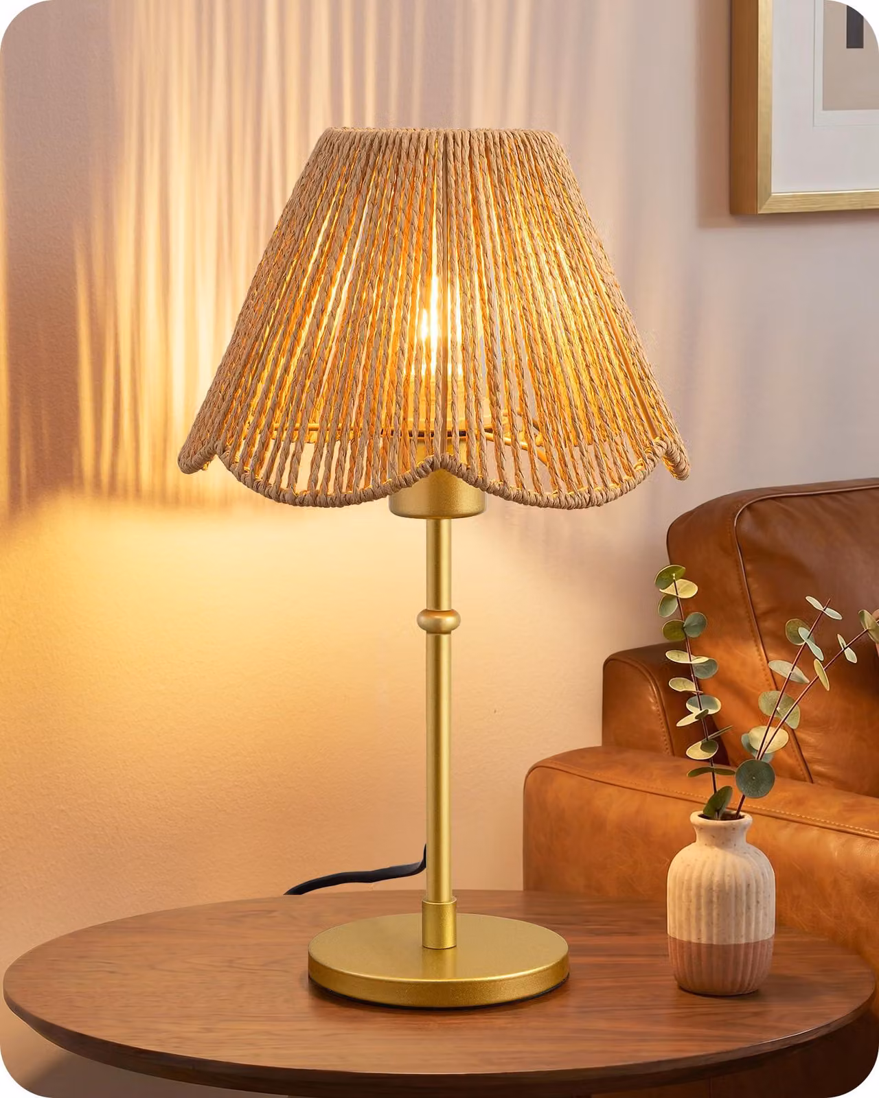 Lampada da tavolo con paralume in carta intrecciata a mano, color oro, altezza 39 cm, inclusa lampadina LED