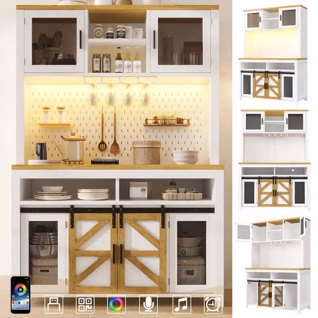 Mobile da cucina alto bianco con presa USB, ampio piano d'appoggio e illuminazione LED, mobile contenitore multifunzione per cucina e sala da pranzo