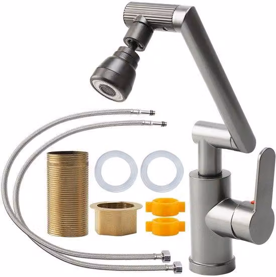 Rubinetto da cucina in acciaio inossidabile con manopola a 3 funzioni, raggio di rotazione di 1080 gradi, miscelatore a 2 vie, 3 tipi di getto