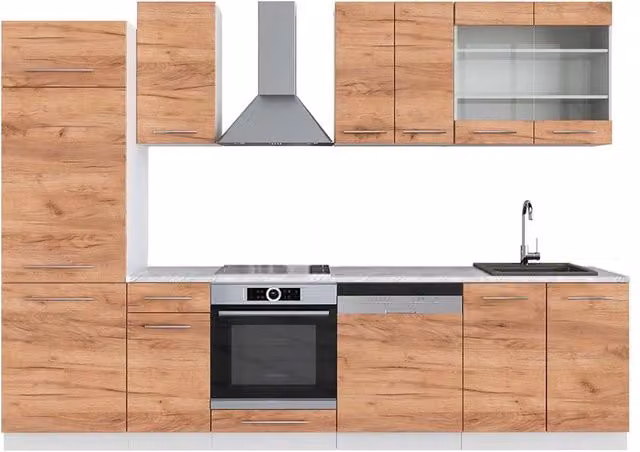 Cucina componibile moderna Fame-Line Vicco in rovere dorato e bianco con piano in marmo, L: 300 cm – 1