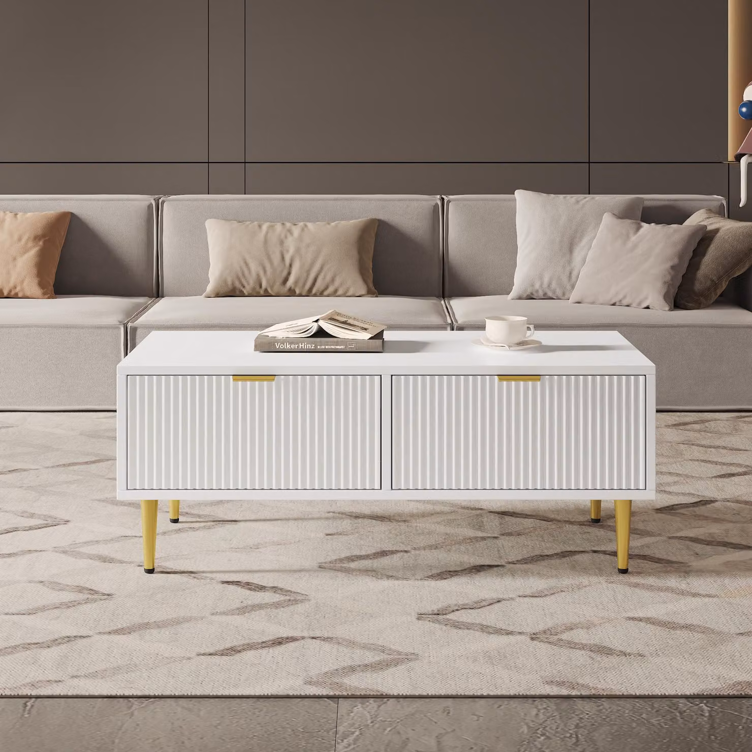 Tavolino bianco con due cassetti, dimensioni 100x50x40 cm, realizzato in MDF con gambe in metallo dorato, ideale per il soggiorno