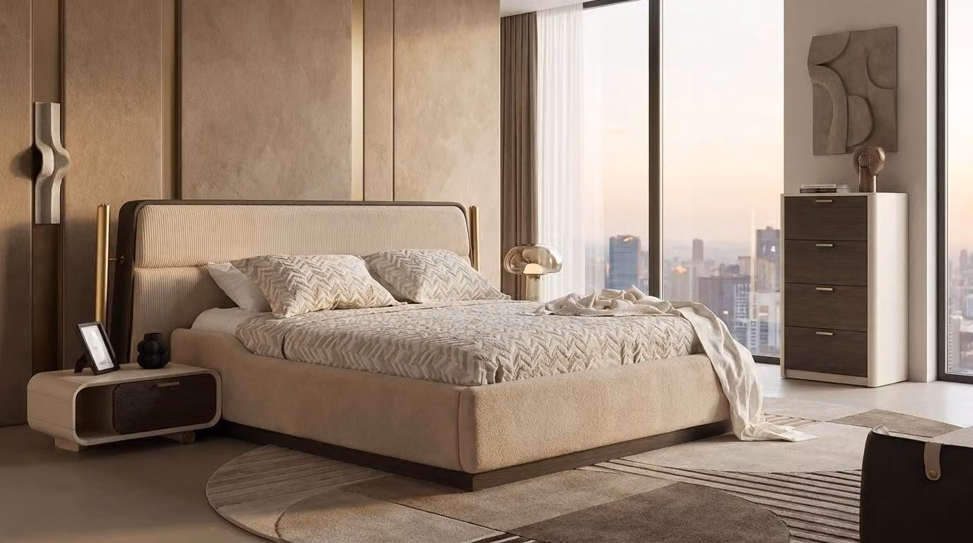 Due comodini e una cassettiera, stile moderno, color beige, confortevoli, ideali per la camera da letto