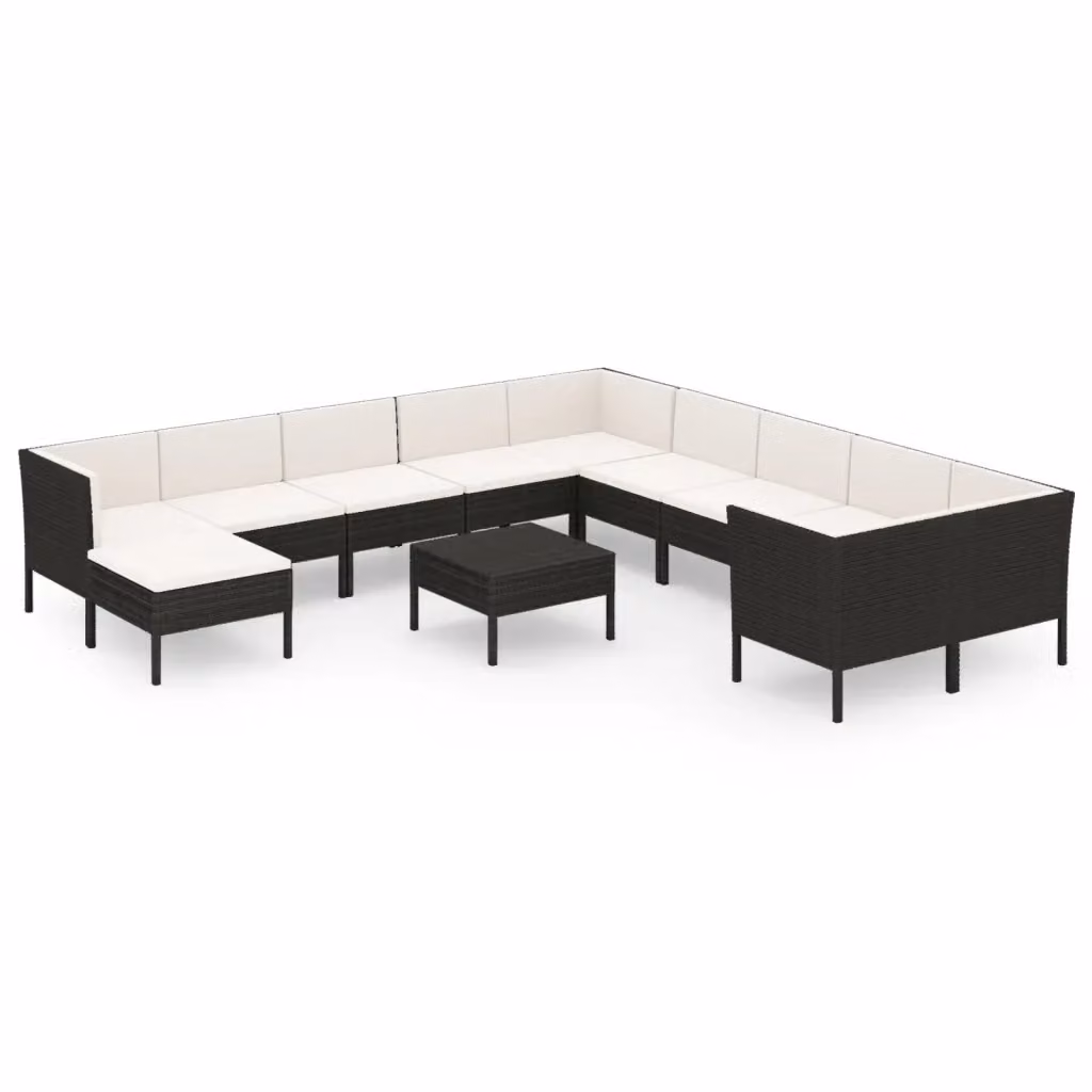Set da giardino vidaXL composto da 12 pezzi con divani a 3 posti, elementi angolari, pouf e tavolino da caffè in rattan nero e bianco con cuscini inclusi – 2