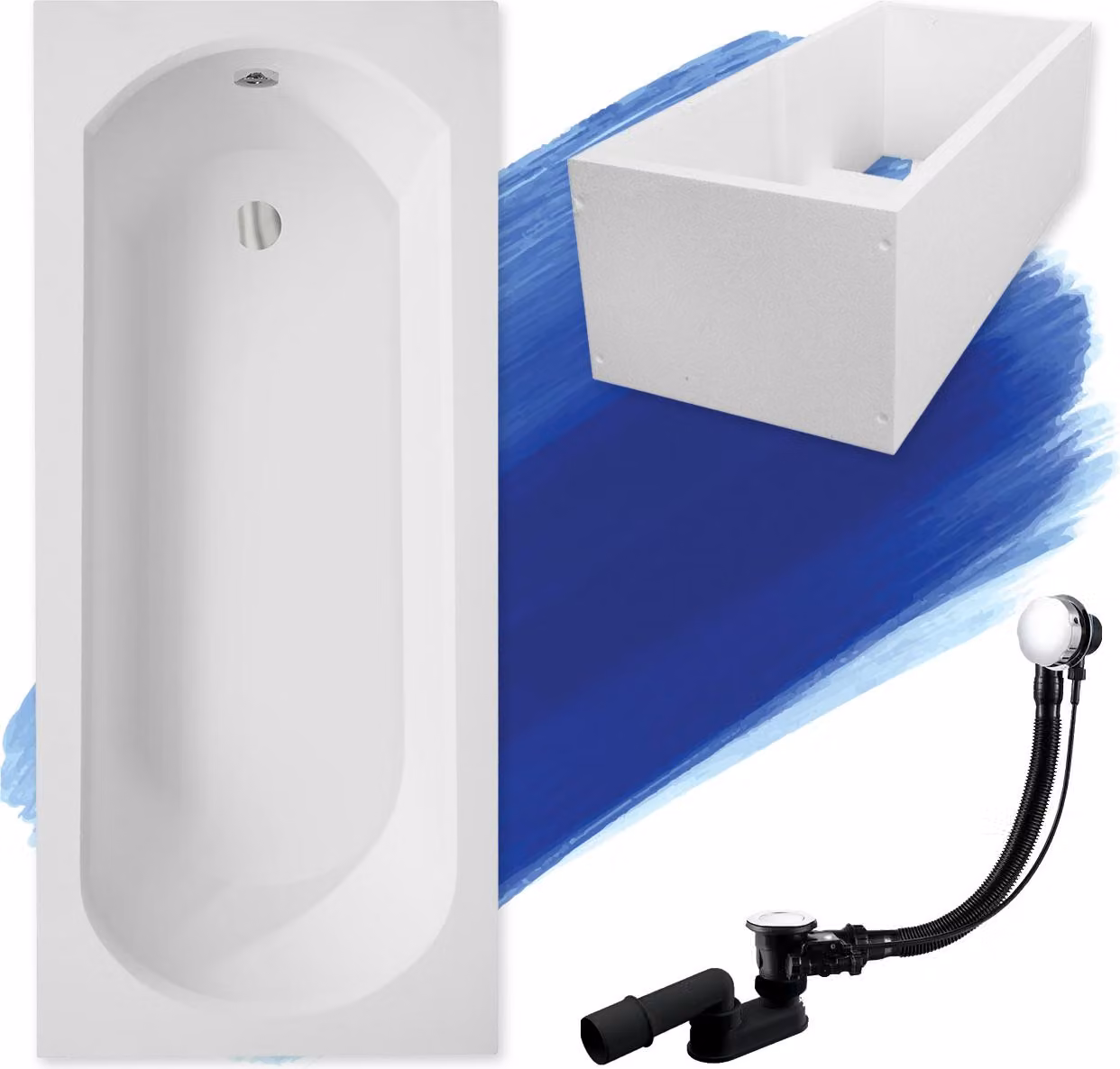 Vasca rettangolare 170x75 con supporto vasca, set di scarico e piedini GRATIS | set completo 4in1 vasca originale in acrilico con sifone | BADLAND INTRICA