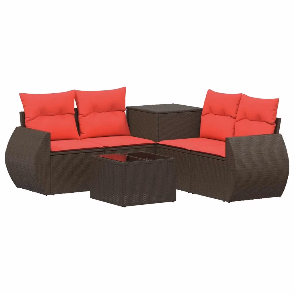 Set da giardino moderno vidaXL composto da 6 pezzi in polyrattan con struttura in metallo, colore marrone e rosso, inclusi cuscini e tavolino da caffè – 2