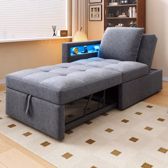 Letto Imbottito Multifunzione 3 in 1 con LED e USB ¨C MINIMAL ¨C Tessuto Lino