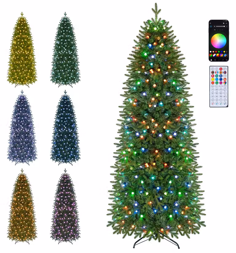 Albero di Natale artificiale COSTWAY, altezza 225 cm, forma slanciata, con 948 punte in PE e PVC, albero di abete con 280 LED, 42 effetti luminosi e base in metallo, colore verde