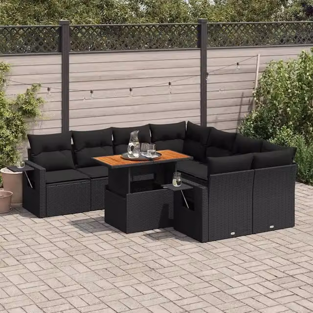Set Divani da Giardino 9 pz con Cuscini Nero in Polyrattan 3327128