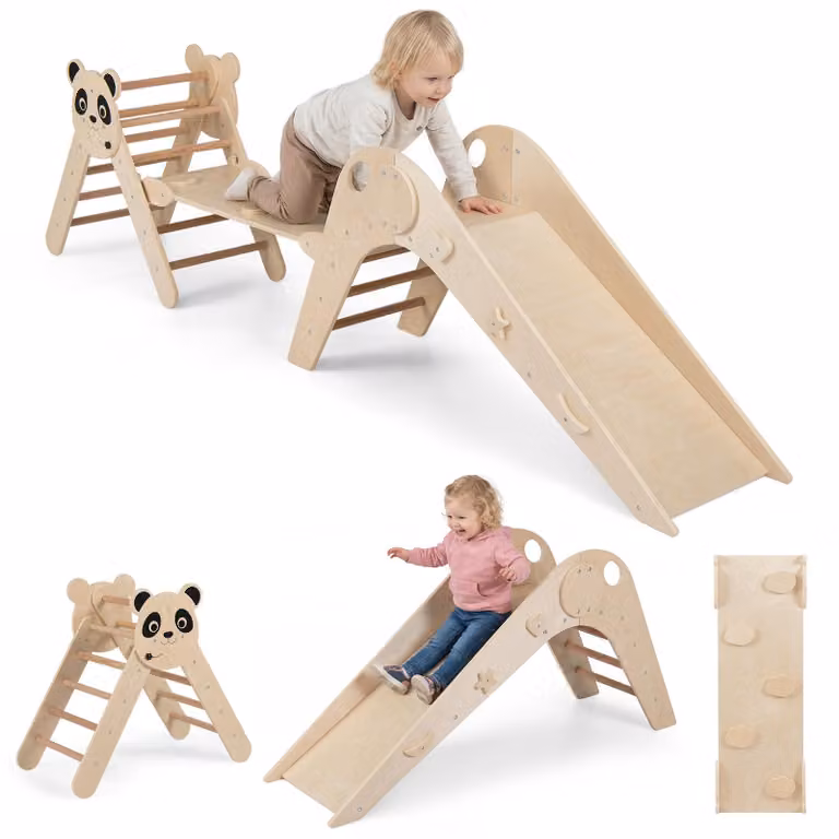 FANTASK, set di 3 triangoli da arrampicata da interno, struttura pieghevole in legno con scivolo