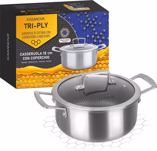 Casseruola Kasanova in acciaio inox e alluminio con coperchio in vetro, diametro 18 cm, colore argento – 1