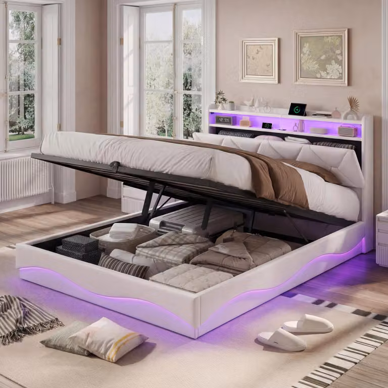 Letto imbottito UnboxG 140x200 cm con funzione di ricarica (USB e Type-C), letto matrimoniale per ragazzi con LED, letto con contenitore, letto boxspring con vano portaoggetti, velluto, grigio