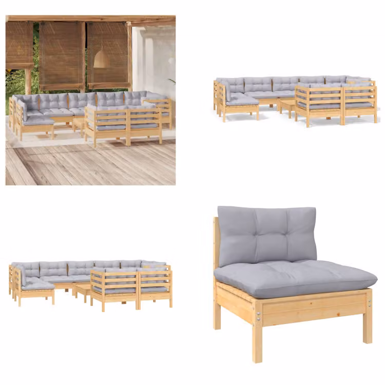 vidaXL Set salotto da giardino 10 pezzi con cuscini grigi in pino massiccio - Set salotto da giardino - Set salotto da giardino - Set mobili da giardino - Set mobili da giardino
