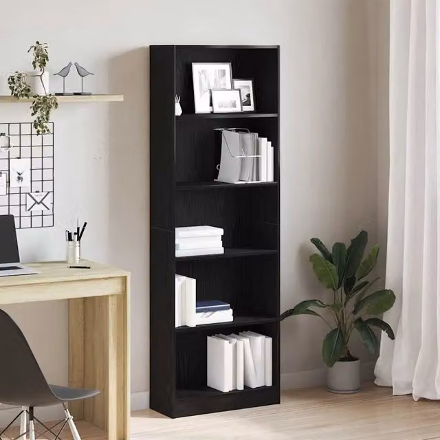 Libreria a scaffali moderna vidaXL in legno nero con pannello posteriore L 60 cm, P 24 cm, H 176 cm
