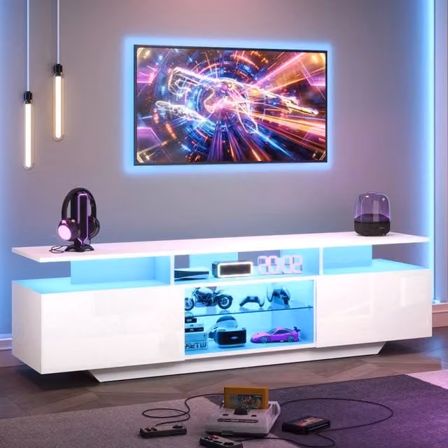 Mobile TV con 2 armadietti LED controllabili da app ripiani in vetro temperato MDF bianco 160 × 40 × 45 cm
