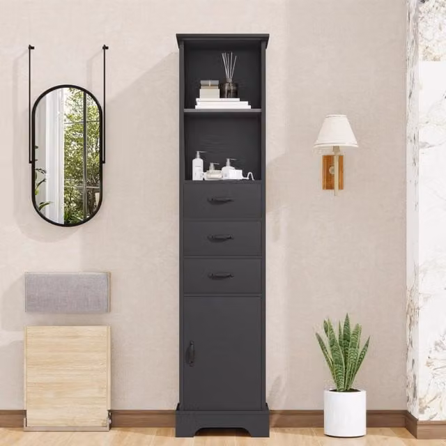 Mobile bagno nero 38x26x172,5 cm, laccato resistente all'umidità. 3 cassetti, ripiani aperti doppi, ante con mensole regolabili.
