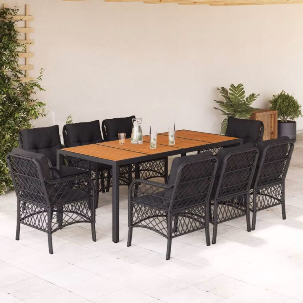 Set da Pranzo da Giardino vidaXL in Polyrattan e Legno di Acacia Nero con 9 Pezzi e Cuscini – 1