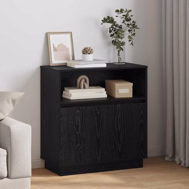 Madia moderna vidaXL con illuminazione LED in rovere e nero, realizzata in legno ingegnerizzato, L 71 x P 34,5 x H 75 cm