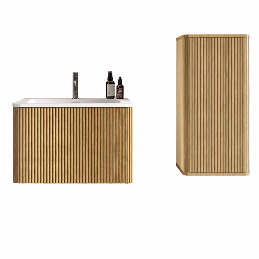Mobile bagno Chicfurn con lavabo e colonna laterale in design moderno, rovere e bianco, larghezza: 60 cm – 2