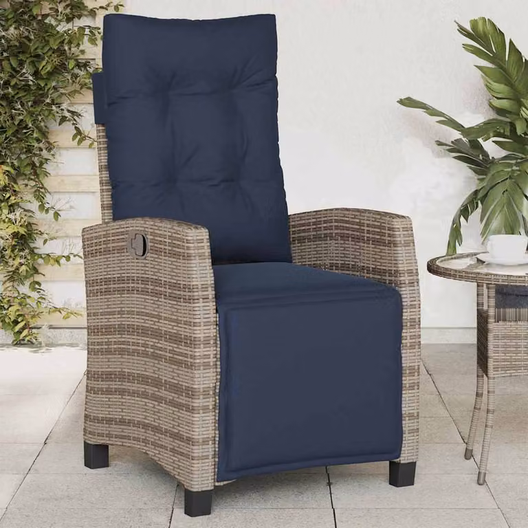 Sedia reclinabile da giardino con poggiapiedi vidaXL in rattan e metallo, colore grigio e blu