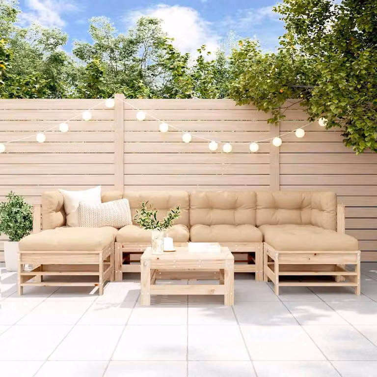 Set Salotto da Giardino vidaXL a Forma di L in Legno di Pino con Cuscini Beige e Marrone, 7 Pezzi