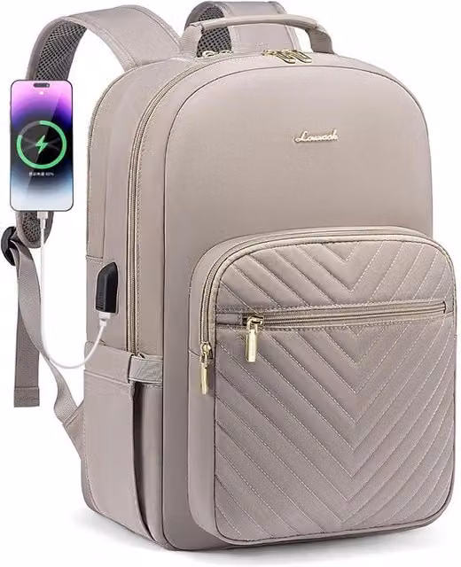 Borsa da Scuola e Ufficio Impermeabile con Porta USB per Laptop da 15,6 Pollici, Colore Beige