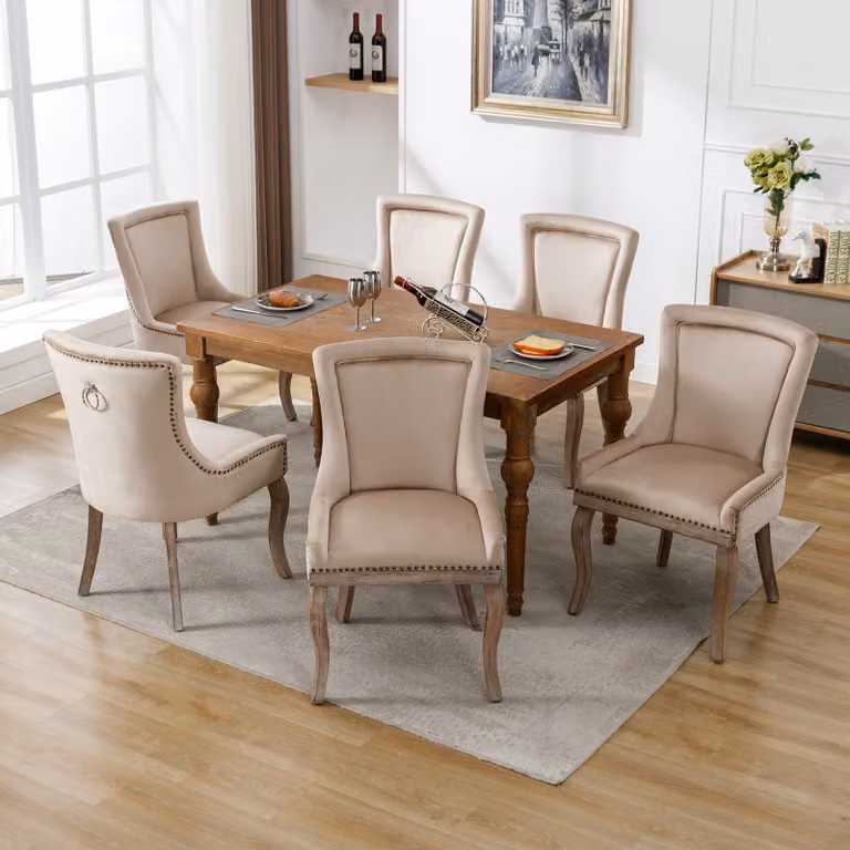 okwish, 6 sedie da pranzo sedie da cucina, poltrona per il soggiorno, poltrona poggiapiedi, sedia multifunzionale con decorazione a chiodini, gambe in legno massello, rivestimento in velluto, colore beige