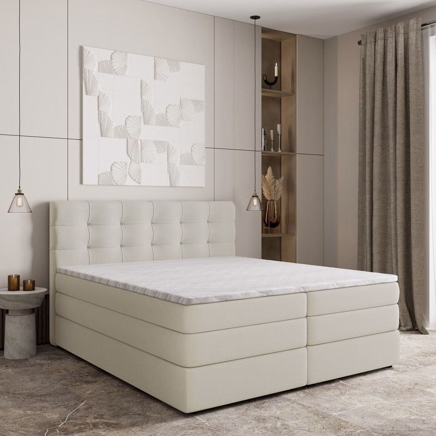 Letto a molle masseno AREZI 140x200 cm completo di materasso bonell e topper, letto imbottito con cassettiera - crema, SORO 02