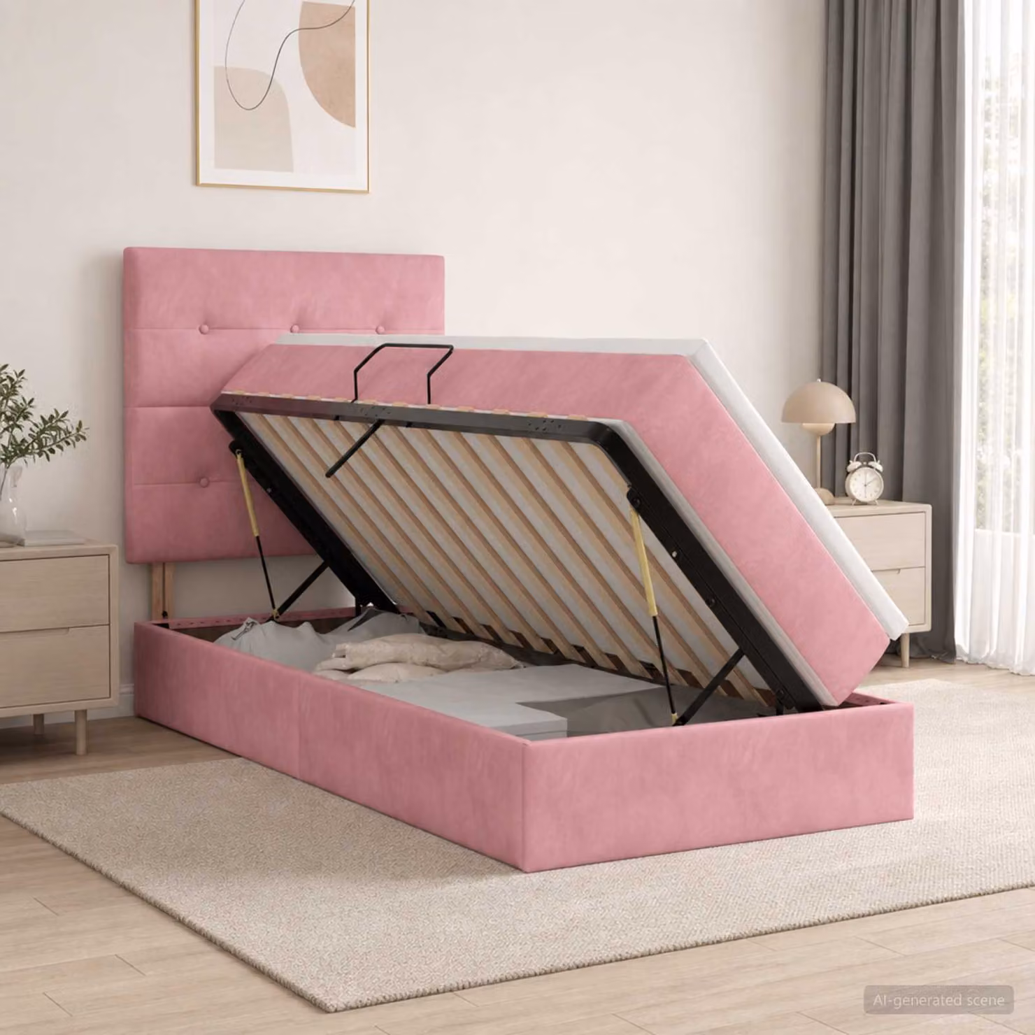 Letto con contenitore e materasso vidaXL in velluto rosa, L/P/H: 90 x 200 x 128 cm