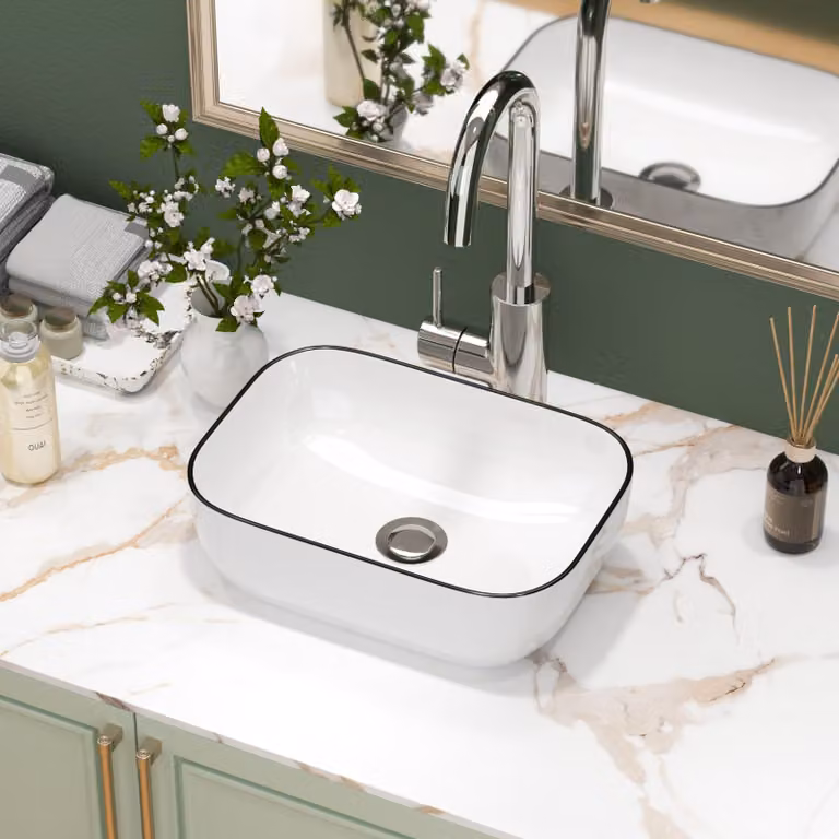 Lavabo da bagno, dimensioni 36,8 x 25,4 x 11,5 cm, in Vetroceramica, forma ovale, bordo nero
