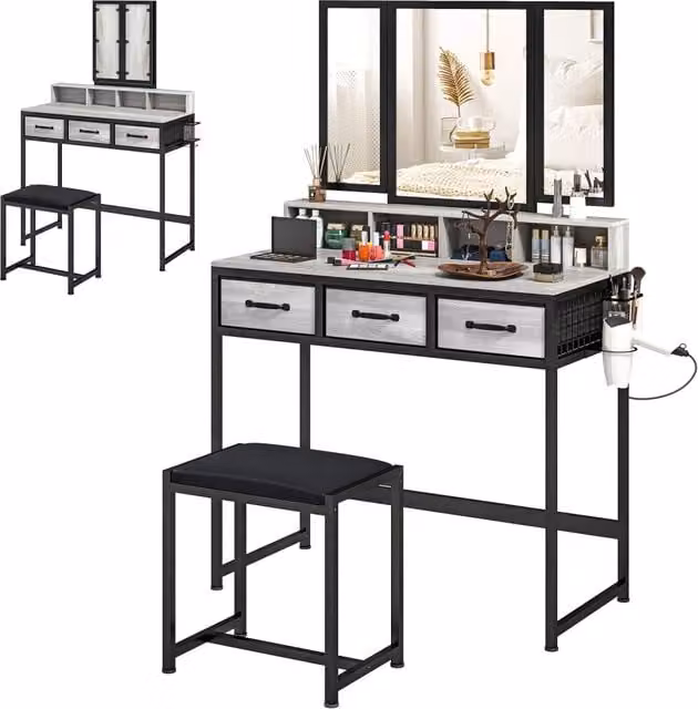 Cassettiera da trucco con specchio trittico e sgabello ¨C zephmum ¨C grigio tessuto 3 cassetti
