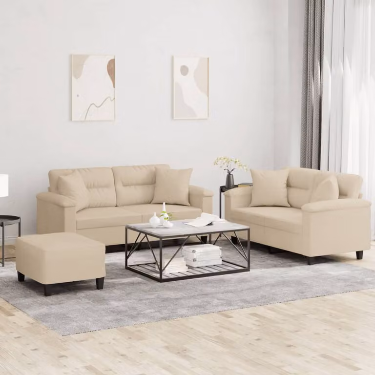 Set di 3 divani vidaXL in microfibra beige con cuscini e struttura in metallo e MDF per il tuo soggiorno