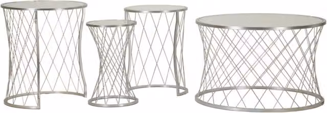 Tavolinetti Noah Silver Set 4 Pz Ø47x54,5 cm - Ø36x50 cm - Ø28x45 cm - Ø70x45 cm in Ferro e Vetro Argento