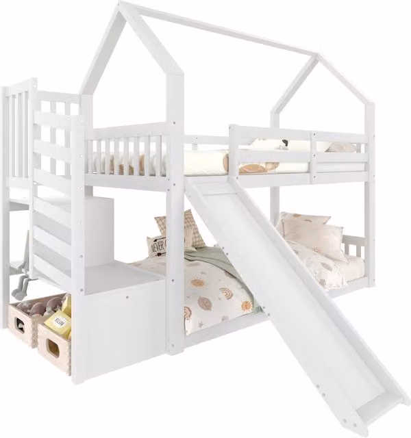 Letto a Soppalco Singolo Chicfurn con Scala Contenitore, Scivolo e Sponda, Bianco, L/P: 200 x 90 cm, H: 183 cm
