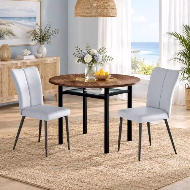 Set Tavolo da Pranzo Rotondo 100 cm con 2 Sedie in PU Grigio Chiaro, Design Minimalista in MDF Effetto Legno