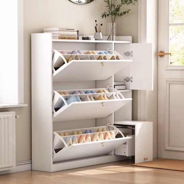 Scarpiera ULEVR 119x24x122 cm con 3 cassetti a ribalta, ripiani regolabili e panca pieghevole, bianca