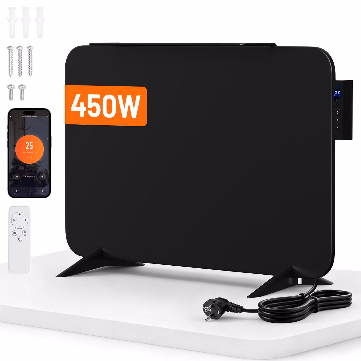 Ikodm, riscaldatore a infrarossi da 450W, colore nero, pannello riscaldante elettrico, controllo tramite Wi-Fi, app, telecomando e termostato