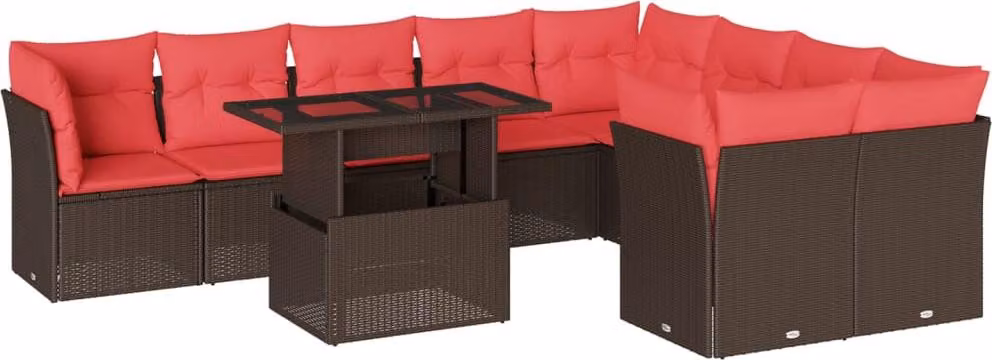 Set Divani da Giardino 10 pz con Cuscini Marrone in Polyrattan