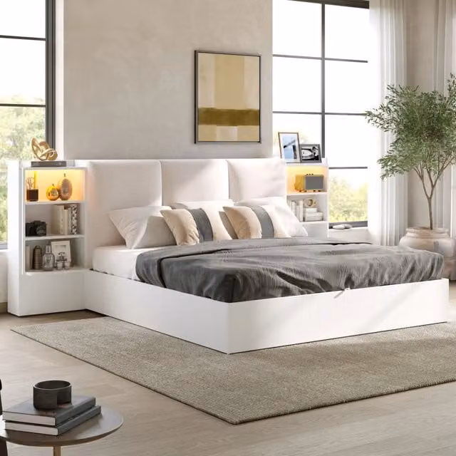 Letto contenitore 180 x 200 cm con contenitori, sistema idraulico e LED 7 colori, letto matrimoniale bianco con testiera imbottita e 6 vani laterali