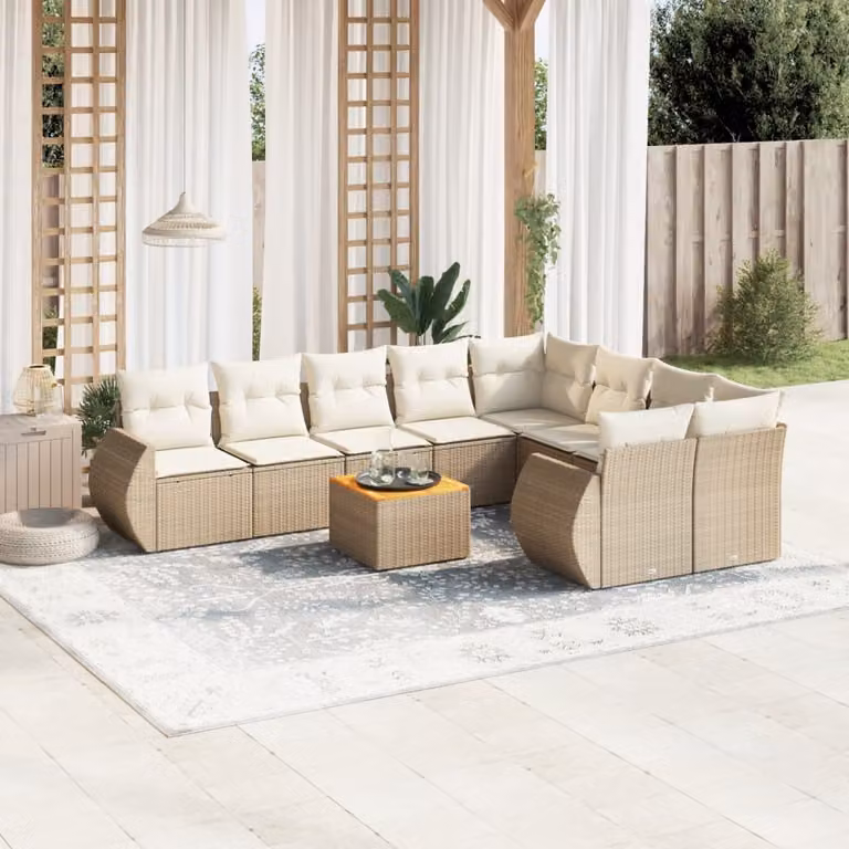 vidaXL Set Divano da Giardino 10 pz a forma di U in Polyrattan con Cuscini Beige e Struttura in Legno di Acacia e Acciaio
