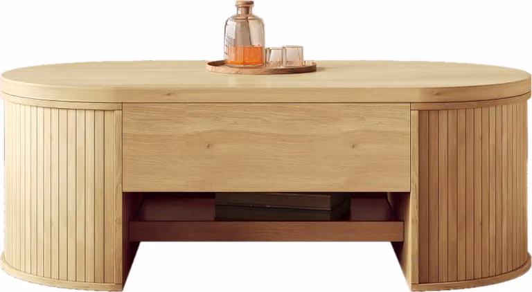 Tavolino ribaltabile Sweiko, con fianchi in legno curvato, ripiano estraibile, piano ribaltabile, mobile multifunzionale per il soggiorno.