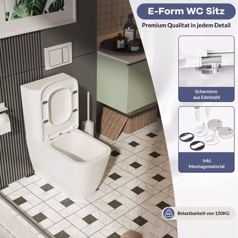 Copriwater – Copriwater a forma di "E" – Chiusura automatica – Antibatterico – Resistente ai raggi UV – Sistema di fissaggio rapido – Plastica – Bianco