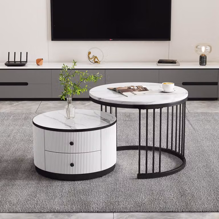 Sweiko Elegante set di 2 tavolini bianchi a forma di nido, 60x60x45,5 cm e 50x50x32 cm, tavolini rotondi con aspetto marmoreo lucido, 2 cassetti, caricabili fino a 30 kg, tavolino combinato a nido