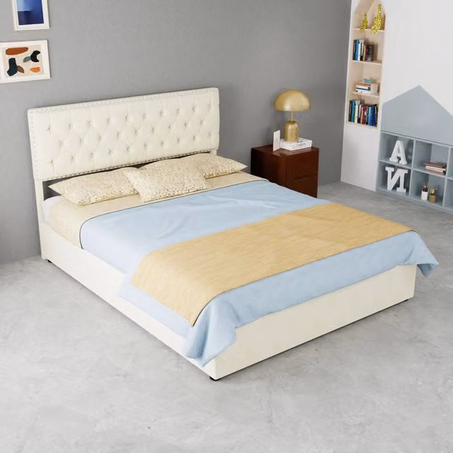 Letto matrimoniale 140x200 cm in velluto olandese beige con testiera alta e vano sottostante