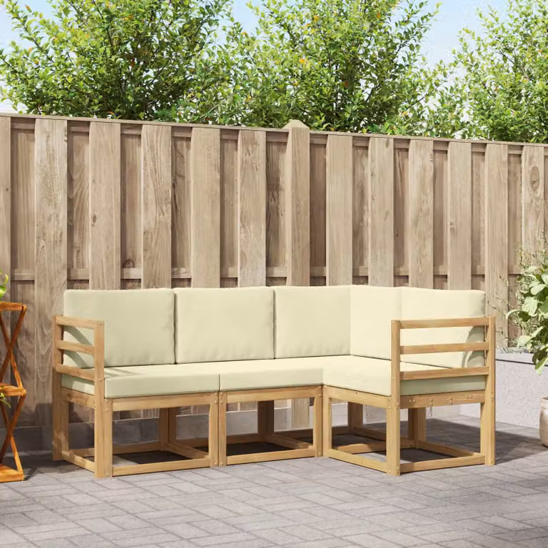 Set di divani da esterno vidaXL a forma di L in legno di acacia con cuscini, Bianco e Beige