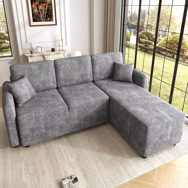 Divano angolare 3 posti con chaise longue ¨C Minimal ¨C Tessuto chenille grigio, 144cm, cuscini inclusi