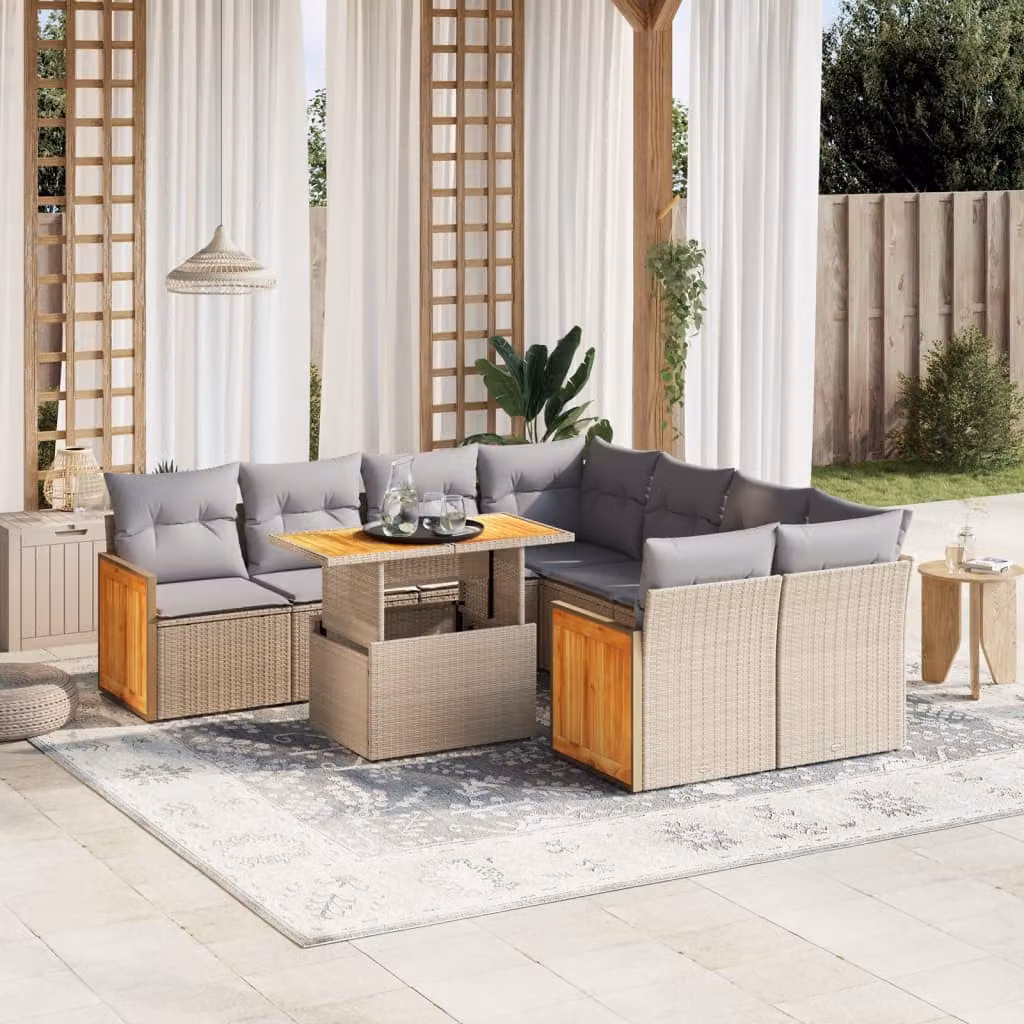 vidaXL Set Divano da Giardino 9 pz in Polyrattan con Cuscini Beige e Grigio per Esterno – 1