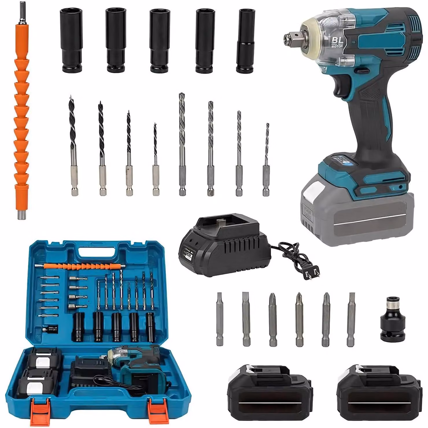 Avvitatore a impulsi elettrico - Avvitatore a impulsi ad alta coppia senza spazzole - 1200 Nm - Attacco quadrato da 1,27 cm - 2 batterie - Qualità industriale