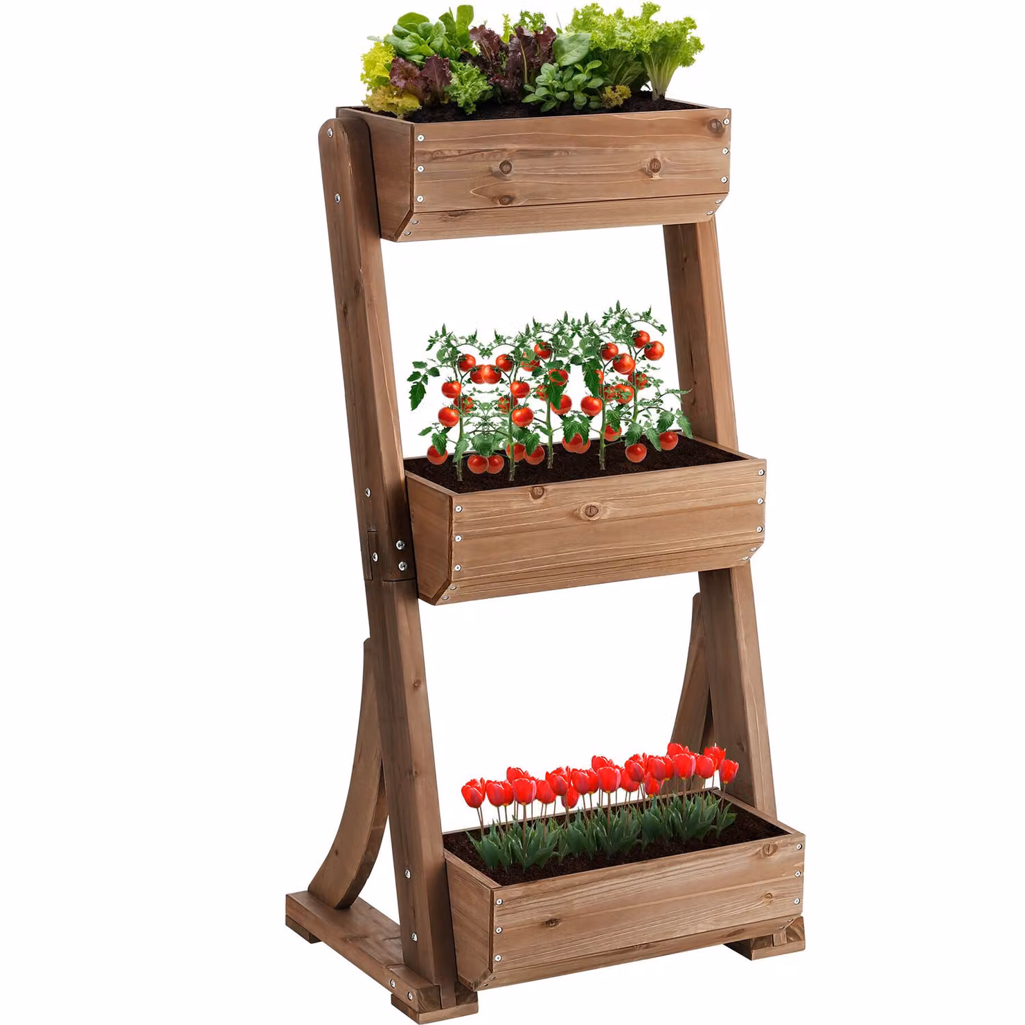 Aiuola verticale Tectake Flora in legno verniciato marrone con tessuto non tessuto per orto e giardino, L: 60 cm, P: 49 cm, H: 140 cm – 4