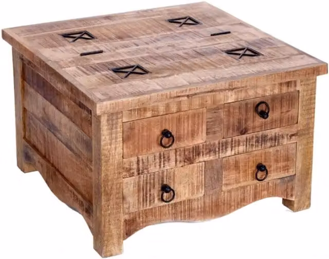 Tavolino quadrato LODEN 70 cm in legno massiccio di mango con cassapanca e 4 cassetti - stile industriale