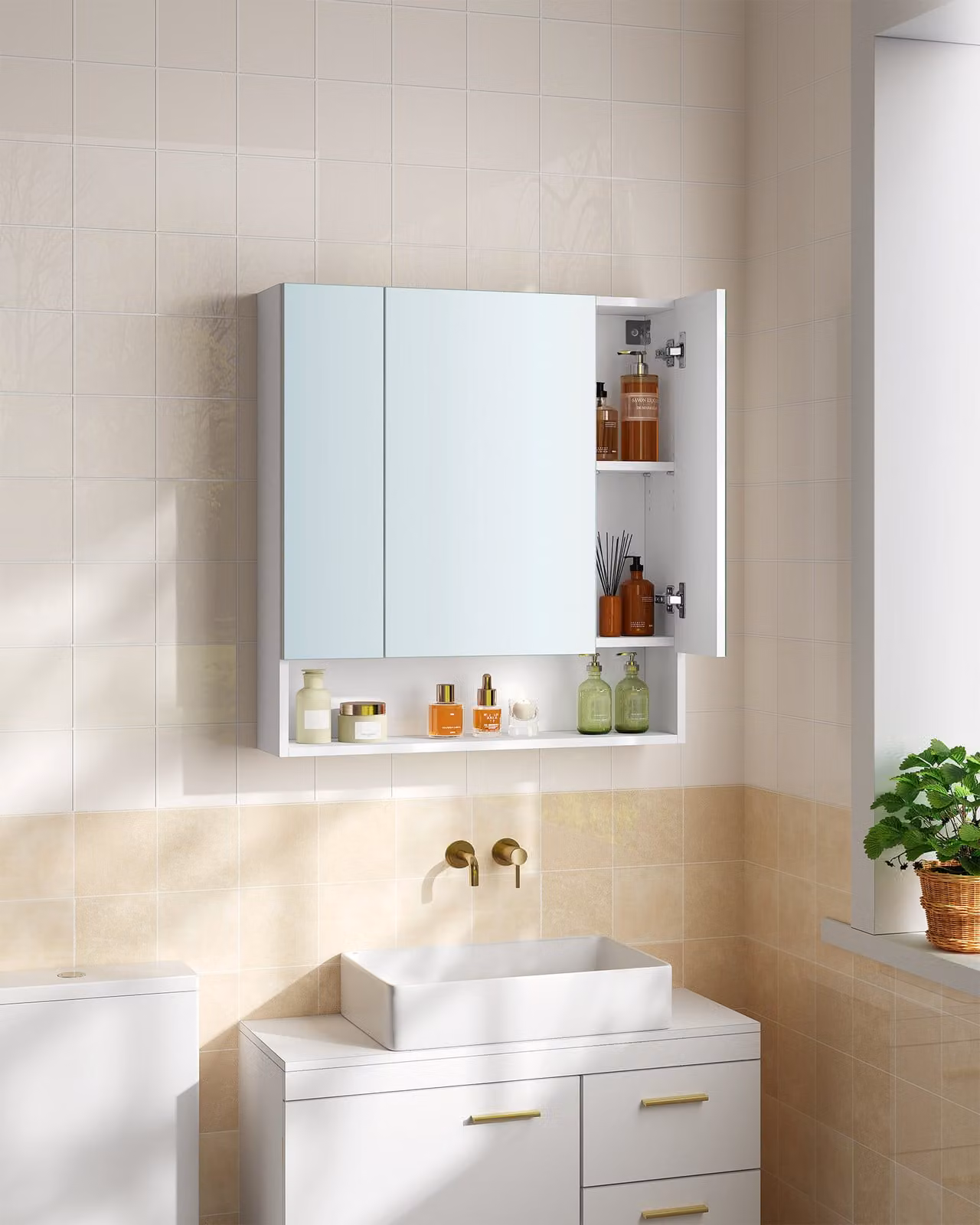 Armadio da bagno VASAGLE con 3 ante, armadio a specchio, armadio da bagno, ripiano aperto, ripiani regolabili